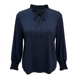 J. McLaughlin Rebecca Navy Blue Ruffle Neck Long Sleeve Blouse W/Tie Size Small